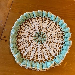 Handmade vintage Bohemian White and Teal Crochet Knit Doily